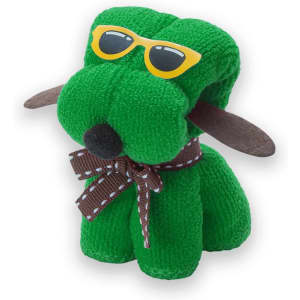 A green plush dog toy wearing yellow sunglasses and a brown checkered bowtie. It has brown ear accents.