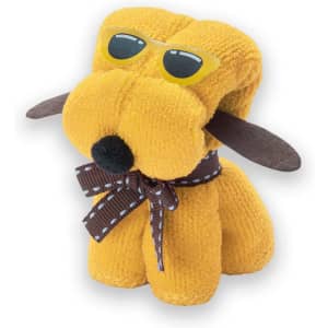 A yellow plush dog wearing sunglasses and a brown bow tie, made from soft, textured fabric.