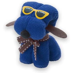 A blue plush dog toy with sunglasses and a brown ribbon bow. It features floppy ears and a friendly expression.