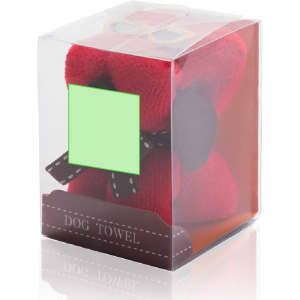 A red absorbent towel packaged in a clear box with a ribbon and a logo. The towel is shaped like a dog.