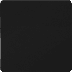 A square black magnet featuring a smooth surface and a simple design. It has a branding logo on one side.