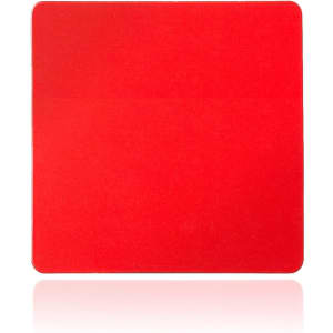A square red magnet with a smooth surface, featuring a logo or branding.