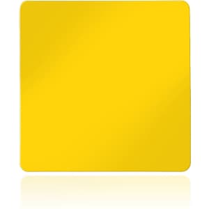 A square yellow magnet with a glossy finish. It features a smooth surface and has a branding logo.
