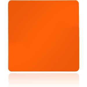 An orange square magnet with a smooth surface and rounded corners. It features a logo in one corner.