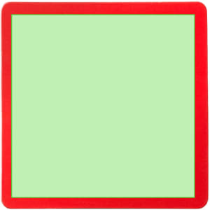 A square magnet with a red border and a green centre. The product features a logo.
