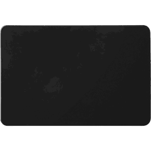 A black magnet with a smooth surface and rounded edges, featuring a logo.