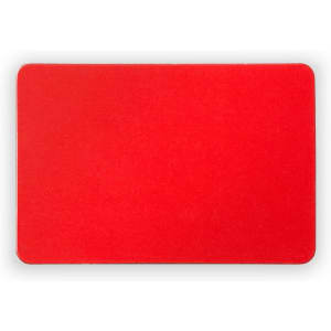 A red magnet with a smooth surface and rounded corners, featuring a logo or branding.