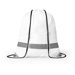 A white drawstring bag with a grey reflective stripe and black cords, featuring a logo on the front.