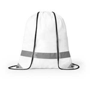 A white drawstring bag with a grey reflective stripe and black cords, featuring a logo.