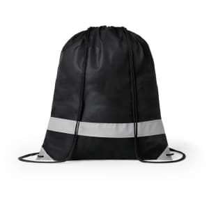 A black drawstring bag featuring reflective strips and a logo. Ideal for various carrying needs.