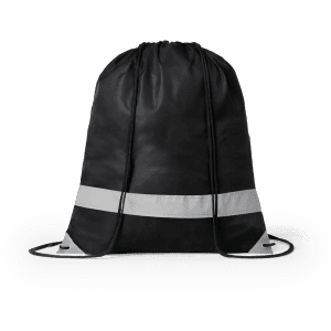 A black drawstring bag featuring a reflective strip and dual cords for closure. It has a simple, sleek design.