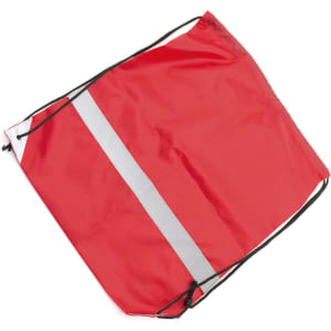 A red drawstring bag featuring a reflective stripe and black drawstrings. The bag has a simple, classic design.