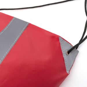 A red drawstring bag with grey accents and a logo, featuring a sturdy drawstring closure.