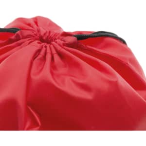 A red drawstring bag with a gathered top and black cord detail, featuring a logo.