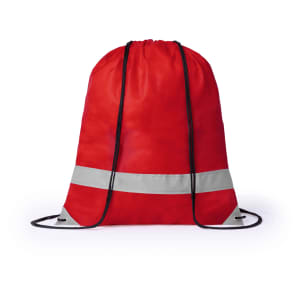 A red drawstring bag with reflective strips, featuring a drawstring closure and eyelets for securing the straps.