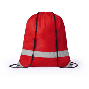 A red drawstring bag with reflective stripes and a black cord. It features a logo on the front.