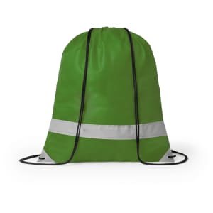 A green drawstring bag with a reflective stripe and black drawcords. It has a plain design and a logo.