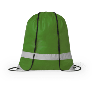 A green drawstring bag with a reflective band and black cords. It also features a logo.