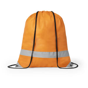 An orange drawstring bag with black cords and a reflective silver stripe. Branding is visible.
