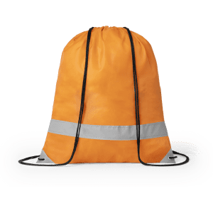 An orange drawstring bag with a reflective strip and black drawstrings, featuring a logo.