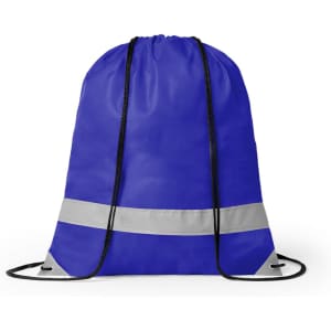 A blue drawstring bag with a reflective silver stripe and black cords. It features a logo on the surface.