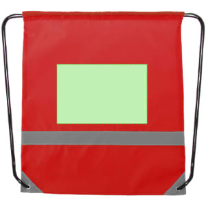 A red drawstring bag with grey reflective stripes, featuring a placeholder for a logo or label and a metal frame.