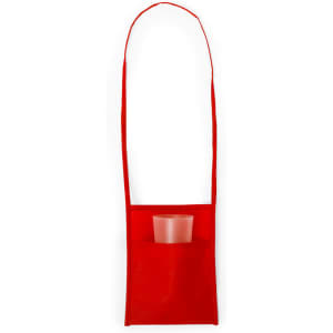A red multipurpose bag with a long strap, featuring a front pocket holding a drink bottle.