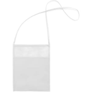 A white multipurpose bag with a transparent front pocket and a long strap for easy carrying.