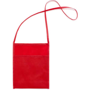 A red multipurpose bag with a long strap and a front pocket, featuring a logo.