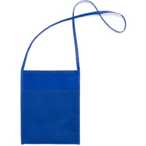 A blue multipurpose bag with a shoulder strap and a front pocket. It features a logo on the surface.