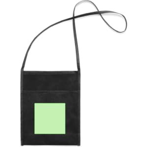 A black multipurpose bag with a square green panel and a long strap for carrying. Features a logo.