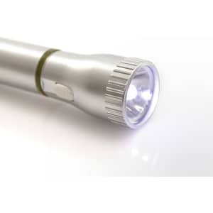 A silver pen torch with a round light at the end and a side button for activation. It has a sleek design and shine.