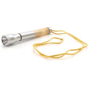 A silver pen torch with a yellow strap, designed for writing and illumination.