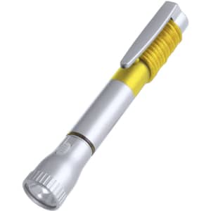 A silver and yellow pen torch with a textured grip and a clip for attachment. It features a small flashlight at one end.