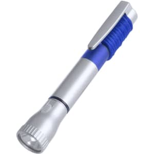 A silver pen torch with a blue grip and a pocket clip, featuring a flashlight at one end.