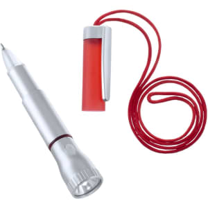 A silver pen torch with a red clip and a red cord, featuring a logo or branding.