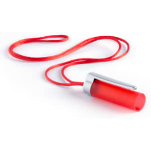 A red pen torch with a silver clip and a matching red cord, designed for convenient carrying.