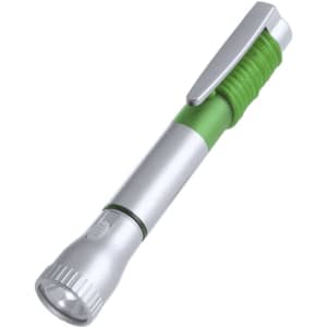 A silver and green pen torch featuring a textured grip and a clip for easy attachment.