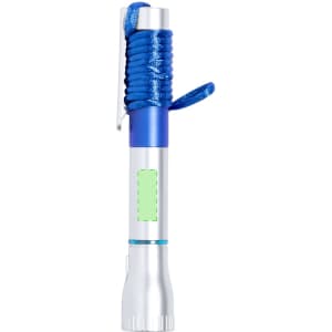 A blue and silver pen torch with a textured grip and a clip for easy attachment features.