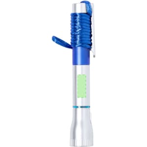 A silver and blue pen torch features a coiled blue cord and a pocket clip, with a small section for branding.