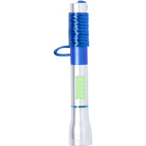 A silver and blue pen torch with a green section and a blue cord wrapped around its body.