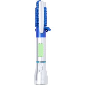 A blue and silver pen torch with a clip and a braided lanyard for easy carrying. It has a logo on its body.