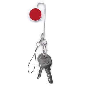 A red bag hanger key finder with a metal hook and attached keys, featuring a small loop for a strap.