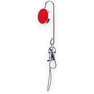 A red and silver bag hanger key finder with a clip and a hook for easy attachment.