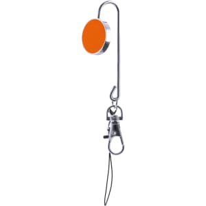 An orange key finder with a chrome hook and clip, designed for hanging bags or keys.