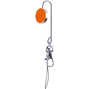 A silver and orange bag hanger key finder featuring a magnetic disc and a clip for attachment.