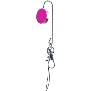 A pink bag hanger key finder with a chrome hook and a clasp attachment at the bottom.