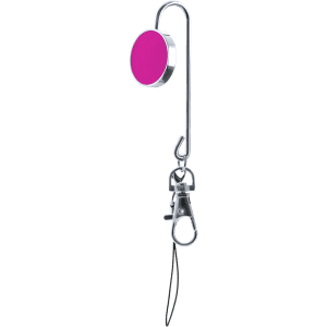 A pink and silver bag hanger key finder with a clip and a loop for attaching keys.