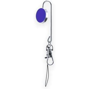 A purple bag hanger key finder with a chrome clip and keyring attachment. It includes a logo on the surface.