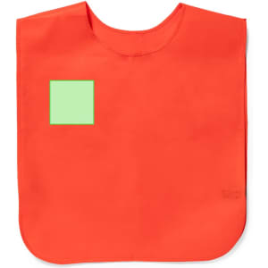 An orange sports vest with a green square patch on the front. The vest has a simple, sleeveless design.